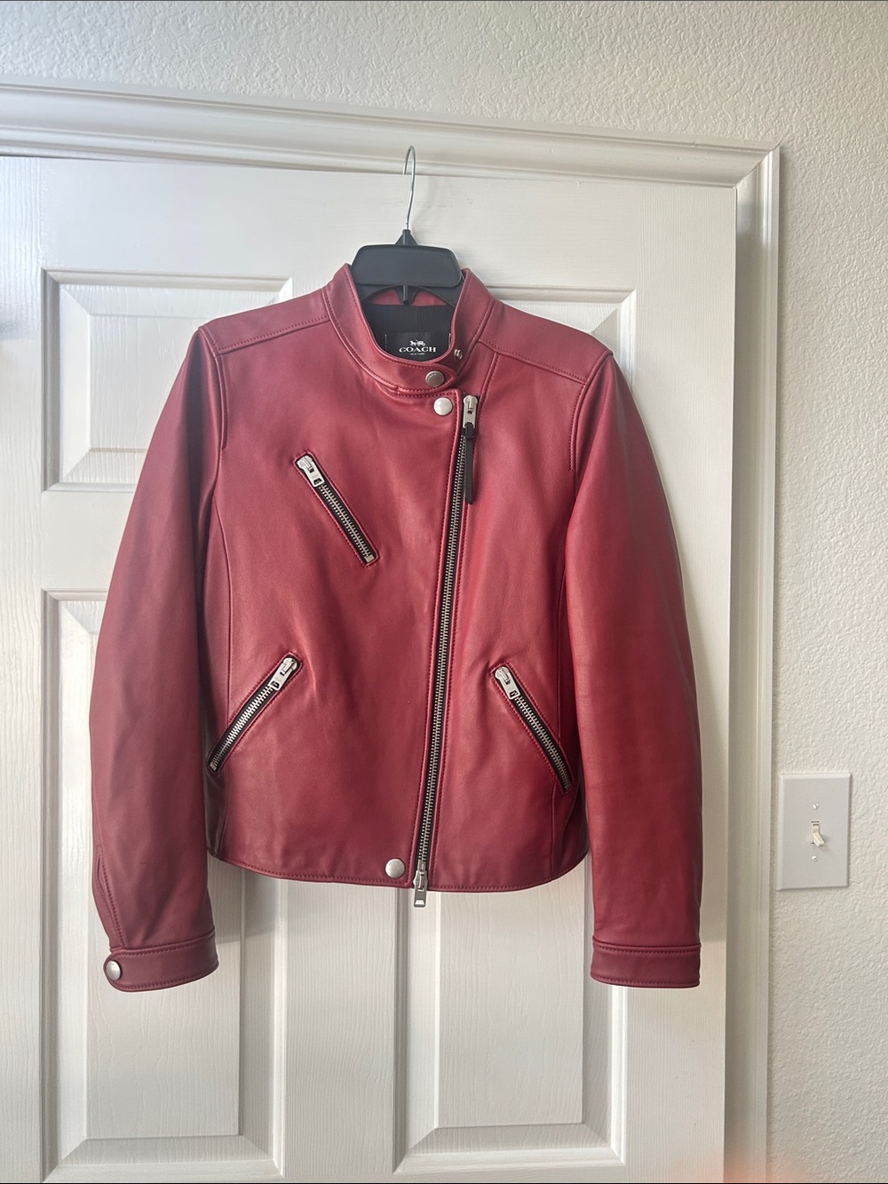 Coach Women's Burgundy Leather Moto Jacket